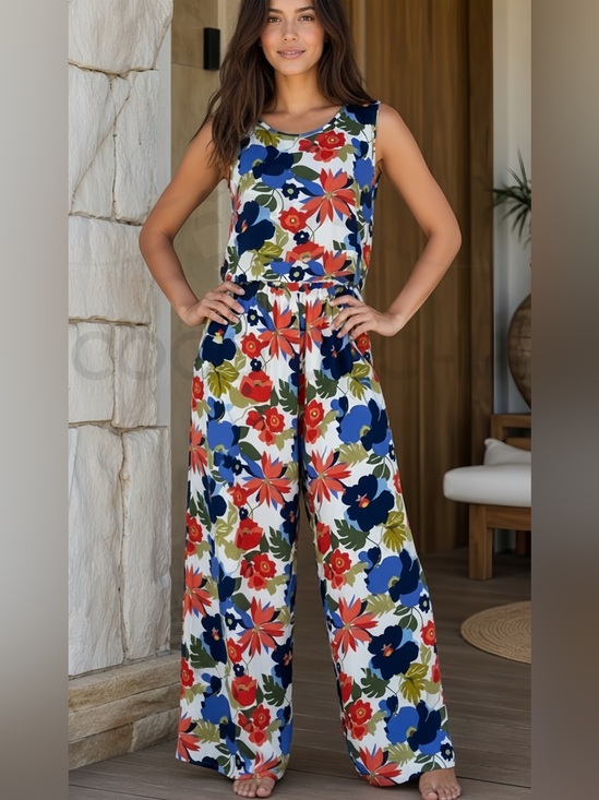 Coco Cache' Boutique Pants - Casual Floral Print Sleeveless Loose Top and Matching Wide Leg Pants Trousers